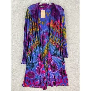 Kathmandu Imports Cardigan Womens L Blue NWT Tie Dye Open Duster Pockets Boho